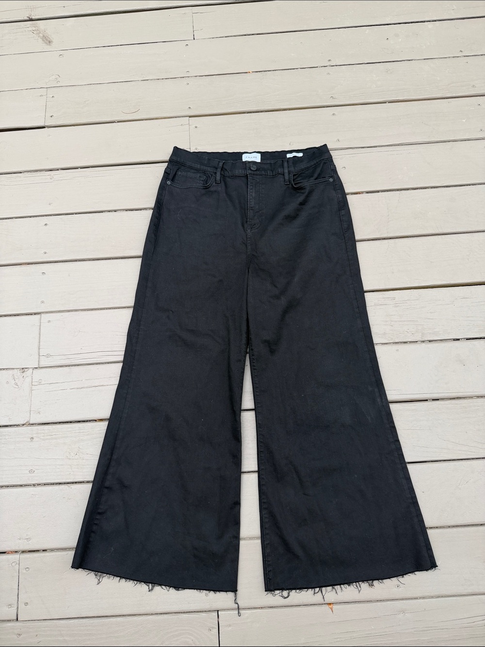 FRAME Le Palazzo Crop Jeans 33 Black High Rise Wide Leg Raw Hem Designer